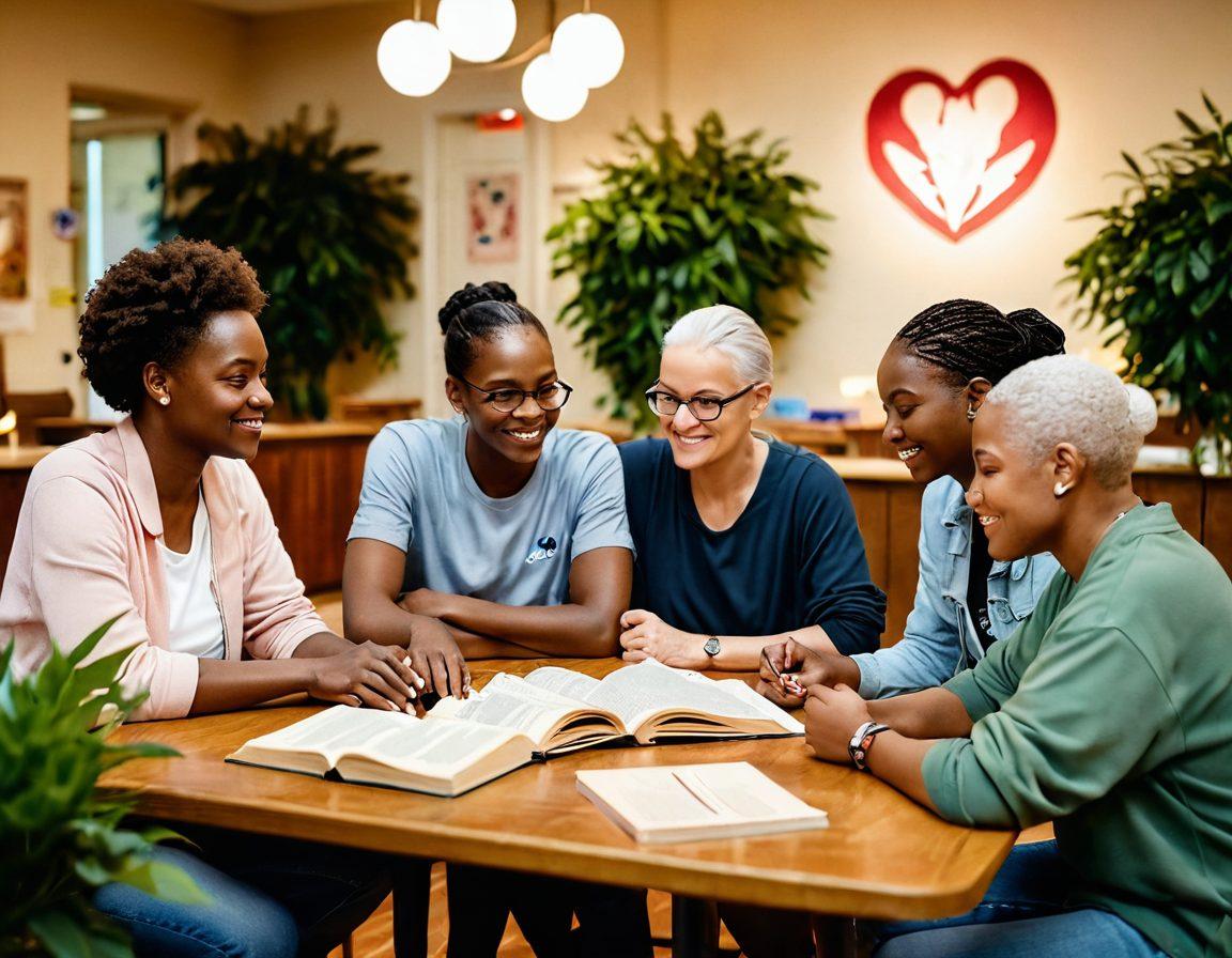 A hopeful scene of diverse individuals sharing stories in a warm, inviting community center filled with plants and soft lighting. Include elements of education, like open books and health pamphlets, alongside symbols of support such as ribbons and heart icons. Showcase the importance of connection, healing, and empowerment in the context of cancer awareness. super-realistic. warm tones. cozy atmosphere.