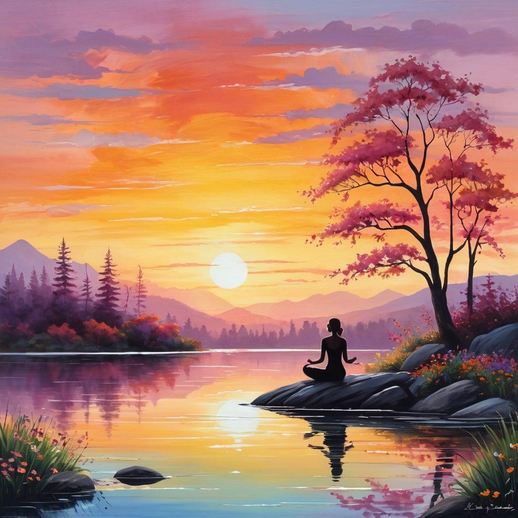 A serene landscape depicting a sunrise over a tranquil lake, symbolizing hope and renewal. Include elements like blooming flowers and a gentle stream to evoke healing and vitality. A silhouette of a person practicing yoga or meditation on the shore, embodying empowerment and strength in recovery. Soft, warm colors to create a soothing atmosphere. vibrant colors. painting.