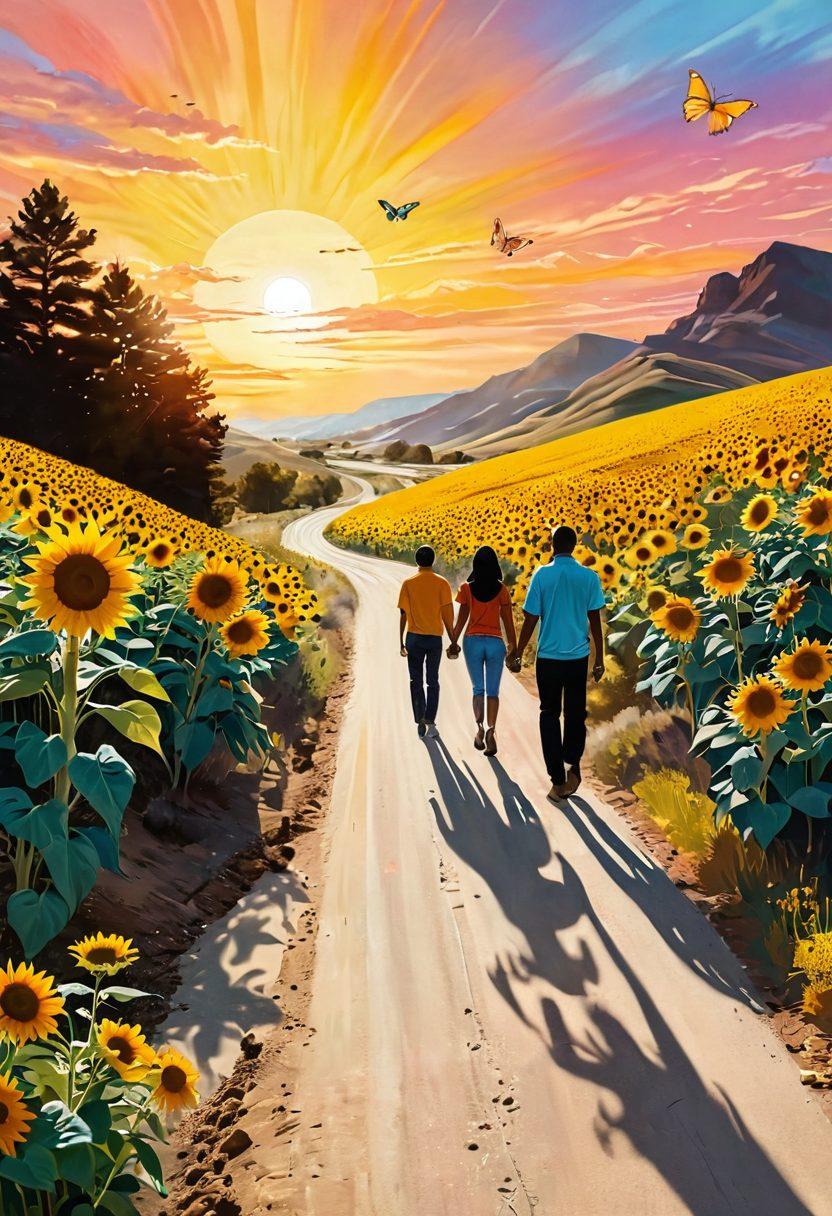 An abstract representation of a winding road leading through a vibrant landscape, symbolizing resilience and hope, with uplifting elements like sunflowers and butterflies. Include silhouettes of diverse individuals walking together, showcasing empowerment and community support. The background should feature soft, pastel colors blended with warm sunlight, evoking a sense of serenity and optimism. super-realistic. vibrant colors. soft focus.